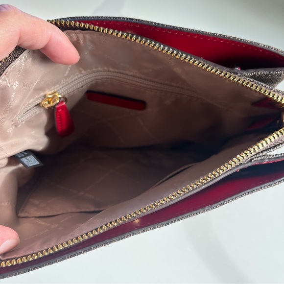 Michael Kors Nicole Large Brown Signature Logo and Merlot Leather Trim Crossbody - Picture 11 of 16